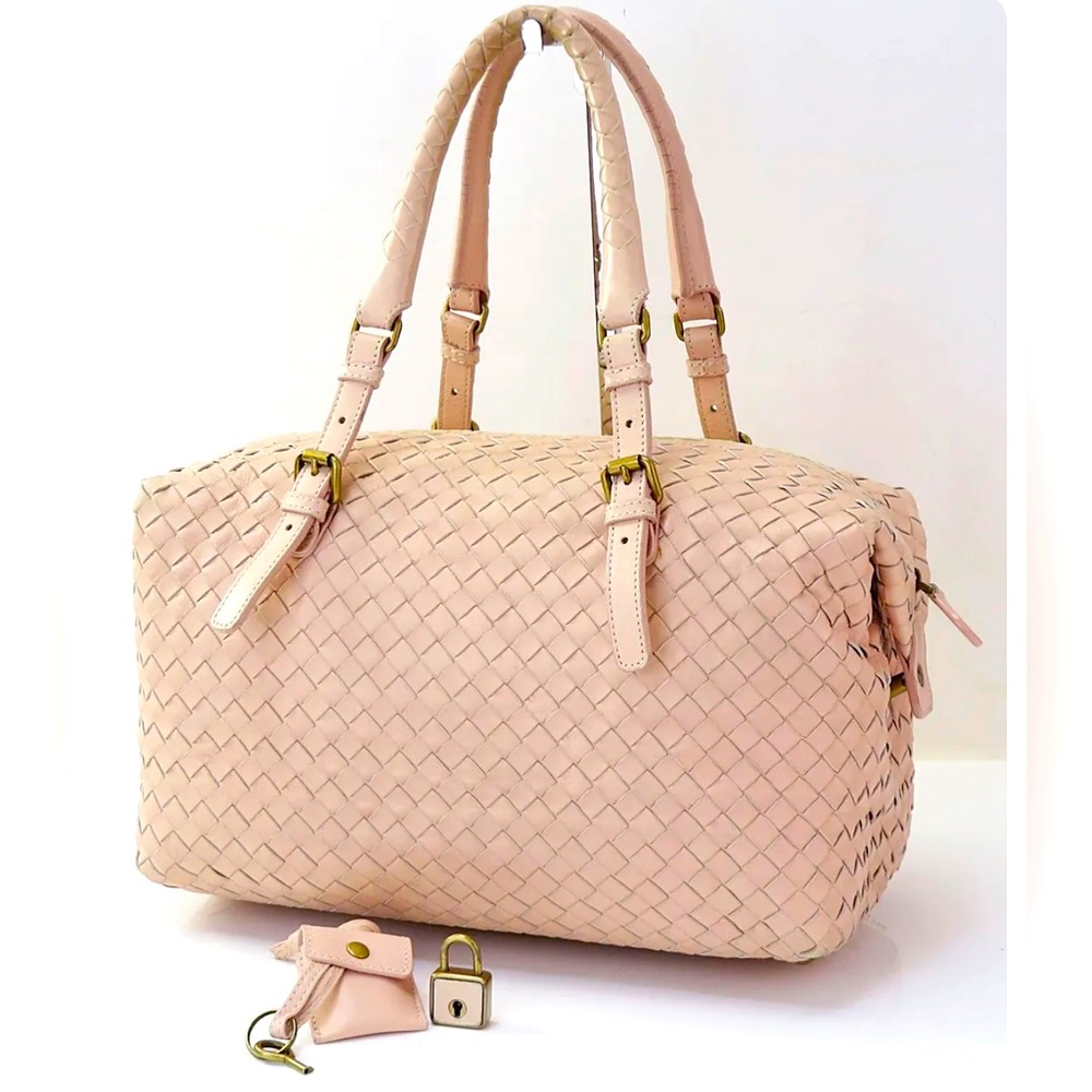 SOLD BOTTEGA VENETA Pink Woven Leather Boston Tote Shoulder Bag Purse With Key - Picture 1 of 13